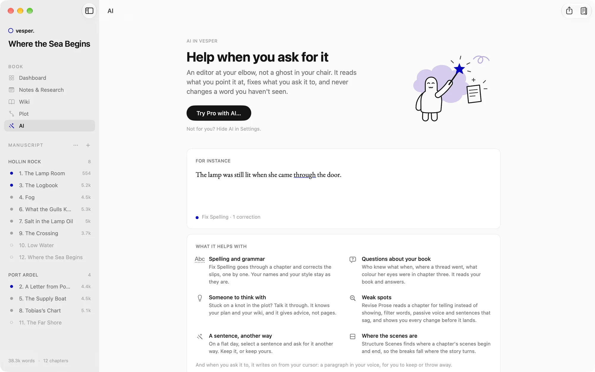 Vesper’s AI page: what it helps with, from spelling to questions about your book