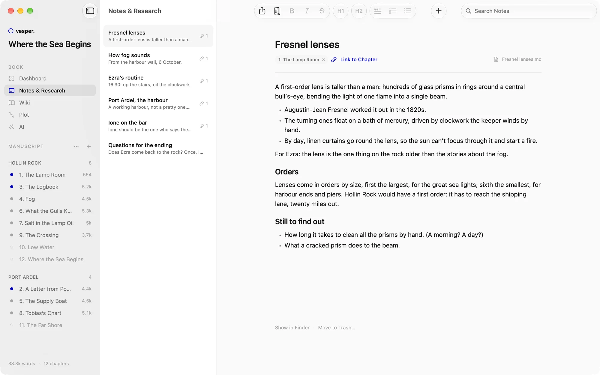 Notes and Research in Vesper on the Mac: six notes, one about Fresnel lenses open and linked to a chapter