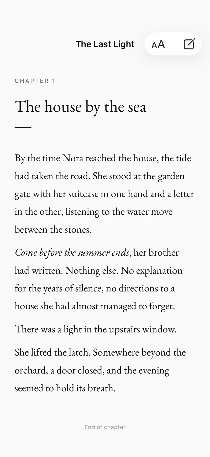 A reading copy open in Vesper on an iPhone: chapter one of The Last Light, in a book face