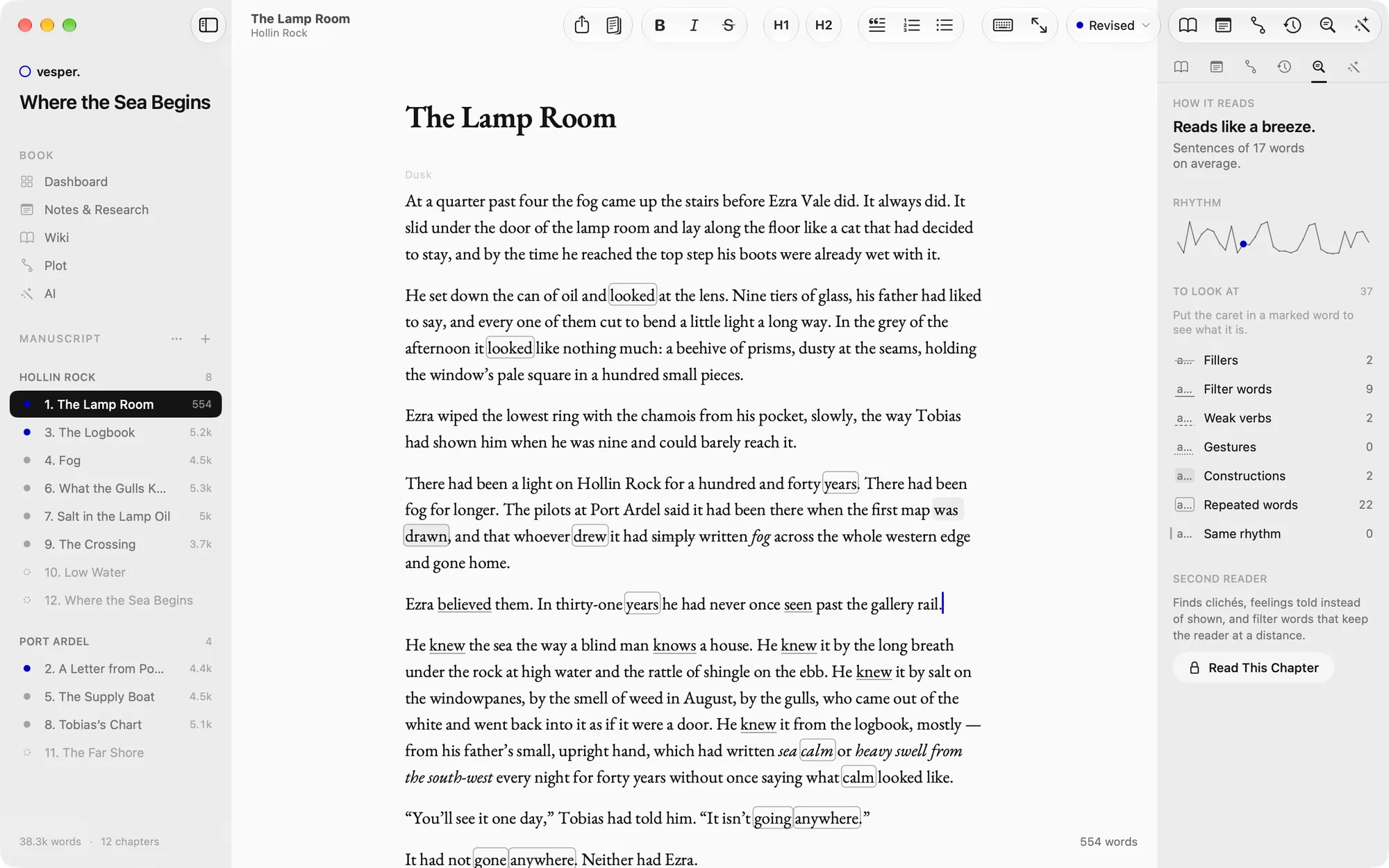 The Style tab beside a chapter: it reads like a breeze, with filler words, weak verbs and repetition counted and marked in the prose